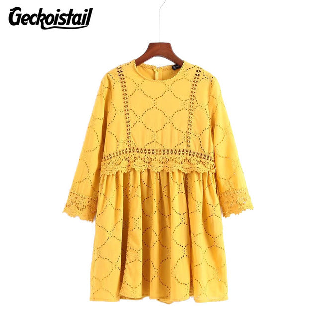 Geckoistail Womens Vintage Loose Mini Dress Vestido O-Neck Pockets Hollow Out 2018 Summer Female Elegant Dresses Vestidos