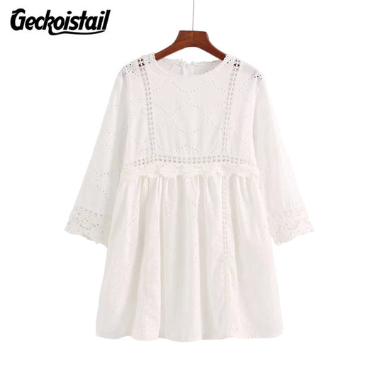 Geckoistail Womens Vintage Loose Mini Dress Vestido O-Neck Pockets Hollow Out 2018 Summer Female Elegant Dresses Vestidos