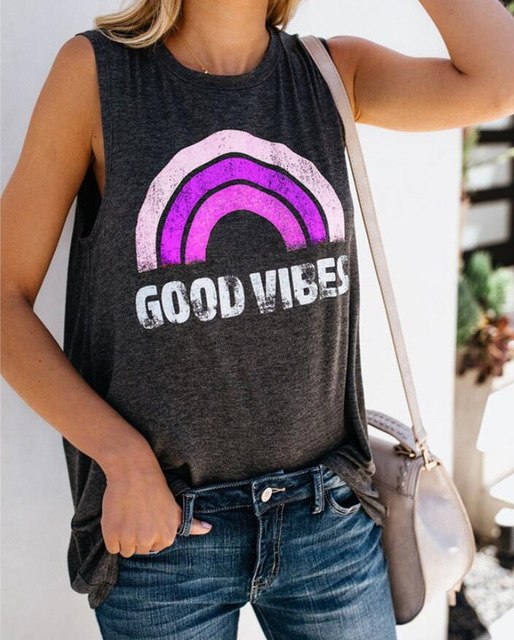 Harajuku Tank Top Womens Summer Rainbow Stripe and Letter GOOD VIBES Printing Aesthetic Women's Graphic Popular Tops Vest Tees