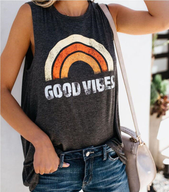 Harajuku Tank Top Womens Summer Rainbow Stripe and Letter GOOD VIBES Printing Aesthetic Women's Graphic Popular Tops Vest Tees