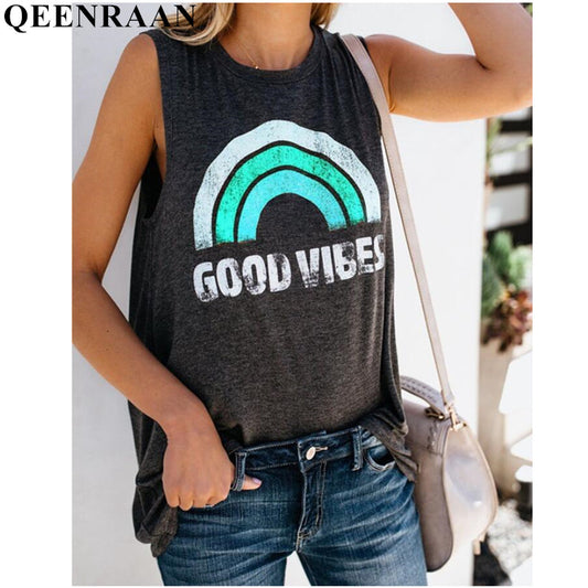 Harajuku Tank Top Womens Summer Rainbow Stripe and Letter GOOD VIBES Printing Aesthetic Women's Graphic Popular Tops Vest Tees