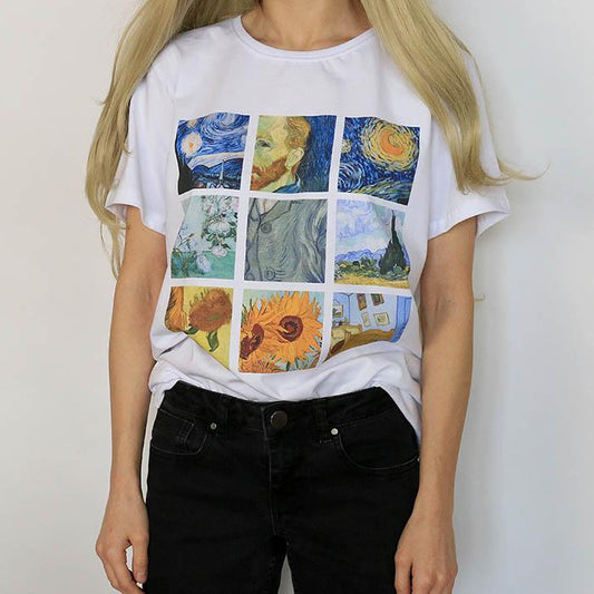 Hillbilly Women's Fashion Plus Size Tees & Tops Short Sleeve Modal Casual Female T-shirts White Van Gogh Painting T Shirts Gift