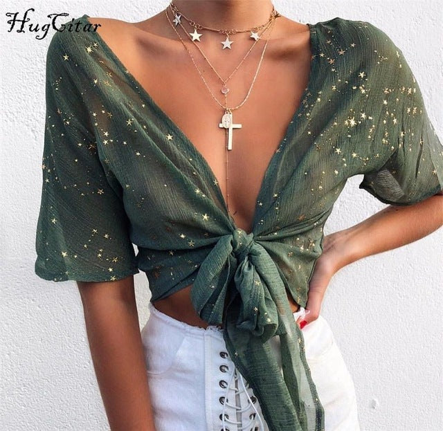 Hugcitar long sleeve short sleeve V-neck bandage lace up see-through sexy crop tops 2018 summer women fashion T-shirts