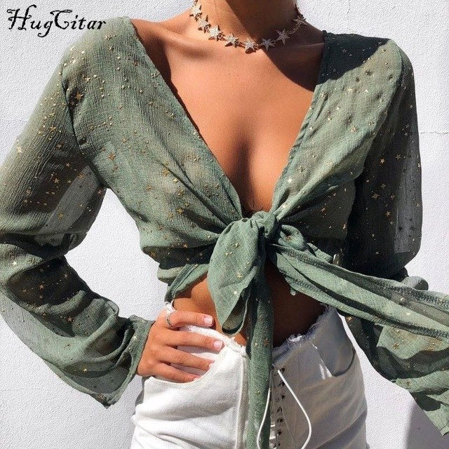 Hugcitar long sleeve short sleeve V-neck bandage lace up see-through sexy crop tops 2018 summer women fashion T-shirts