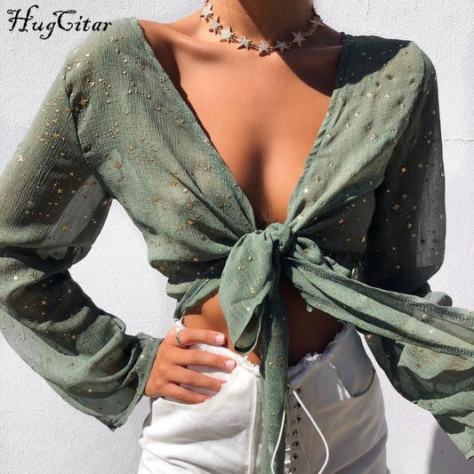 Hugcitar long sleeve short sleeve V-neck bandage lace up see-through sexy crop tops 2018 summer women fashion T-shirts