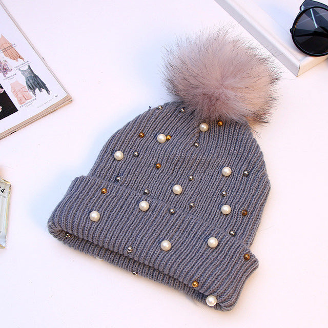 JYBHYX  Hat Women Girls Winter Warm Faux Pearl Beads Knit Crochet Beanie Hat With Pom Pom 5803