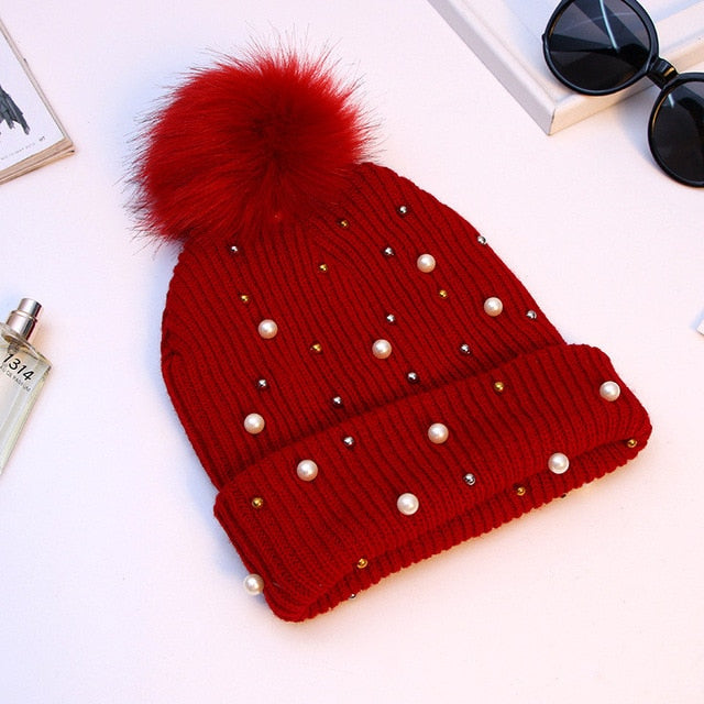 JYBHYX  Hat Women Girls Winter Warm Faux Pearl Beads Knit Crochet Beanie Hat With Pom Pom 5803