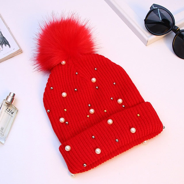 JYBHYX  Hat Women Girls Winter Warm Faux Pearl Beads Knit Crochet Beanie Hat With Pom Pom 5803