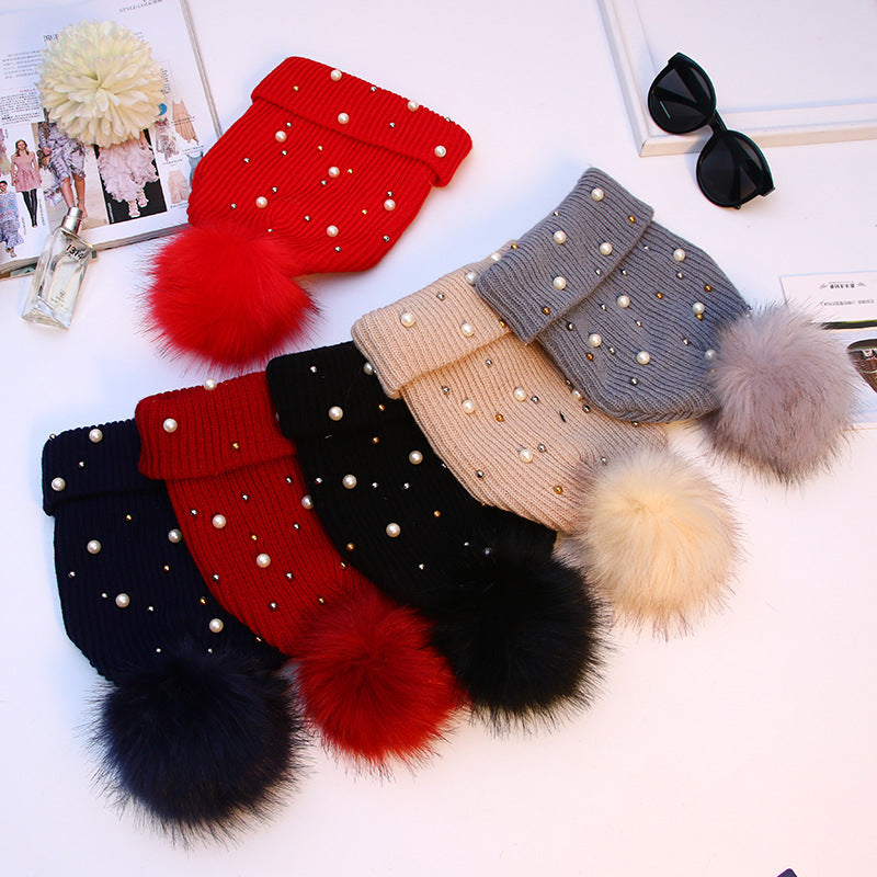 JYBHYX  Hat Women Girls Winter Warm Faux Pearl Beads Knit Crochet Beanie Hat With Pom Pom 5803