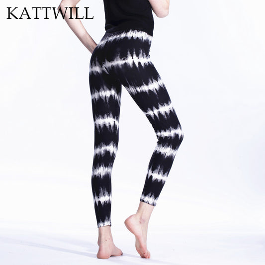KATT WILL Women's Fashion Black&White Printed Leggings Elastic Leggings Stretch Pants Slim Female Bottoms Low Waist Pants