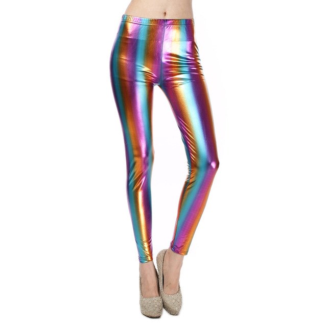 KATTWILL Women's Fashion Solid Slim Leggings Printing Low Waist Elastic Leggings Metal Quality Shiny Leggings