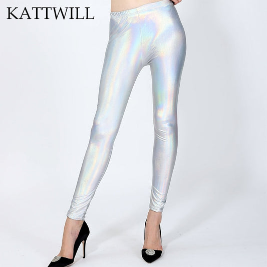 KATTWILL Women's Fashion Solid Slim Leggings Printing Low Waist Elastic Leggings Metal Quality Shiny Leggings