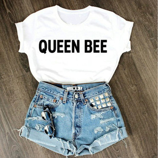 Korean Style Summer Female T-shirt Wholesale Casual Lady Brand Tops Tee QUEEN BEE Letter Print Women's T Shirts