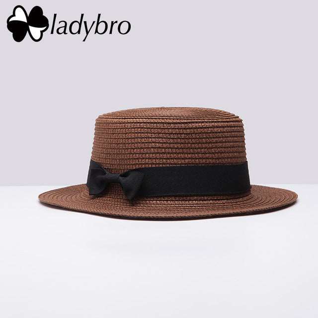 Ladybro 2018 Summer Women Boater Beach Hat Female Casual Panama Hat Lady Brand Classic Bowknot Straw Flat Sun Hat Women Fedora