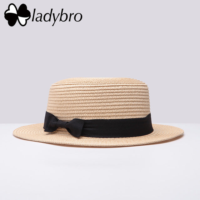 Ladybro 2018 Summer Women Boater Beach Hat Female Casual Panama Hat Lady Brand Classic Bowknot Straw Flat Sun Hat Women Fedora