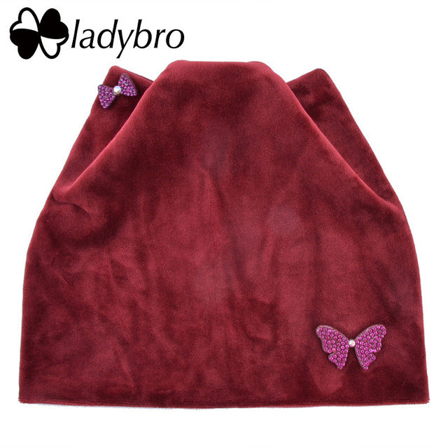 Ladybro Bow-Knot Shine Hat Winter Casual Warm Cat Ear Beanies Hat Women Rhinestones Beanie Hats Femlae Velvet Skullies Beanies