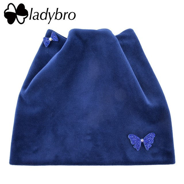 Ladybro Bow-Knot Shine Hat Winter Casual Warm Cat Ear Beanies Hat Women Rhinestones Beanie Hats Femlae Velvet Skullies Beanies