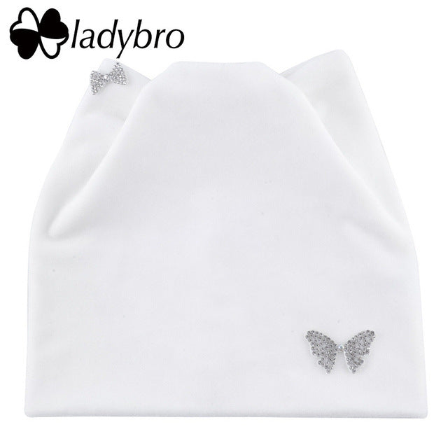Ladybro Bow-Knot Shine Hat Winter Casual Warm Cat Ear Beanies Hat Women Rhinestones Beanie Hats Femlae Velvet Skullies Beanies