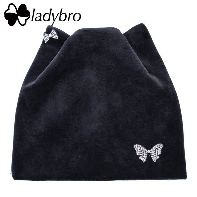 Ladybro Bow-Knot Shine Hat Winter Casual Warm Cat Ear Beanies Hat Women Rhinestones Beanie Hats Femlae Velvet Skullies Beanies