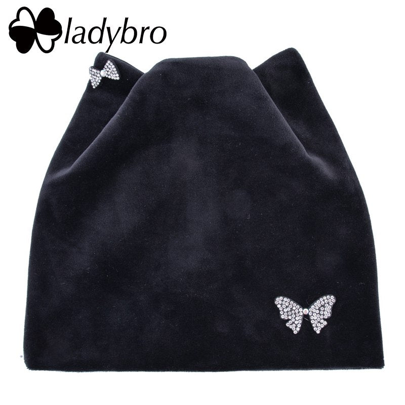 Ladybro Bow-Knot Shine Hat Winter Casual Warm Cat Ear Beanies Hat Women Rhinestones Beanie Hats Femlae Velvet Skullies Beanies