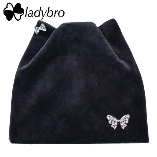 Ladybro Bow-Knot Shine Hat Winter Casual Warm Cat Ear Beanies Hat Women Rhinestones Beanie Hats Femlae Velvet Skullies Beanies