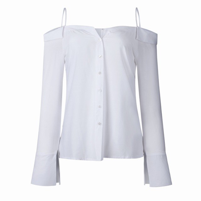 Long Sleeve T-shirt Women Strap Off Shoulder Sexy Tshirt Female Button Casual Top Flare Sleeve Ruffles Black White T-shirts