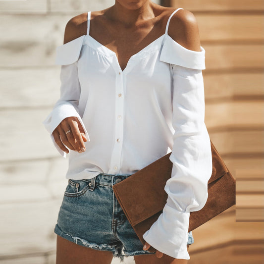 Long Sleeve T-shirt Women Strap Off Shoulder Sexy Tshirt Female Button Casual Top Flare Sleeve Ruffles Black White T-shirts