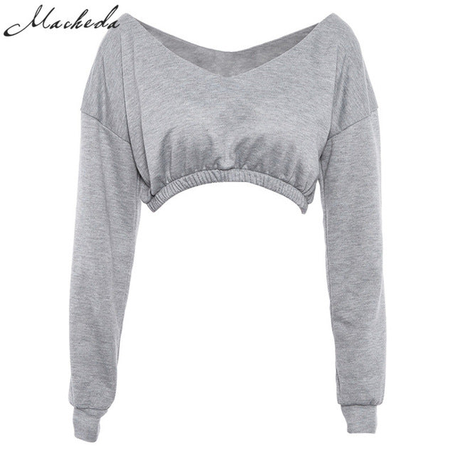 Macheda Women Sexy V-Neck Long Sleeve Tops 2018 New Solid Color Lady Off Shoulder Crop Tops Summer Casual Women T-Shirt Clothing