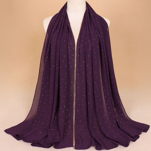 Muslim Women Crinkle Hijab Shawl Scarves Sunscreen Chain Rhinestone Pearl Chiffon Plain Foulard Wrap Cover Head Neck Beach Scarf
