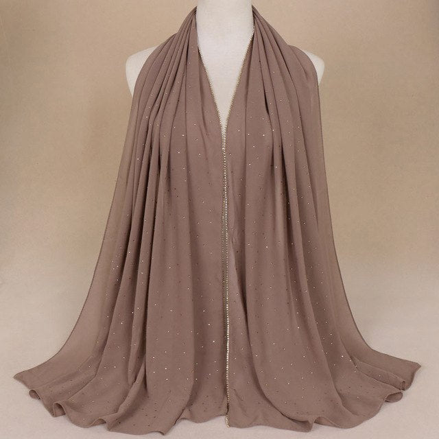 Muslim Women Crinkle Hijab Shawl Scarves Sunscreen Chain Rhinestone Pearl Chiffon Plain Foulard Wrap Cover Head Neck Beach Scarf