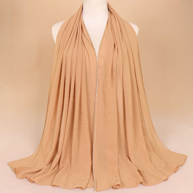 Muslim Women Crinkle Hijab Shawl Scarves Sunscreen Chain Rhinestone Pearl Chiffon Plain Foulard Wrap Cover Head Neck Beach Scarf