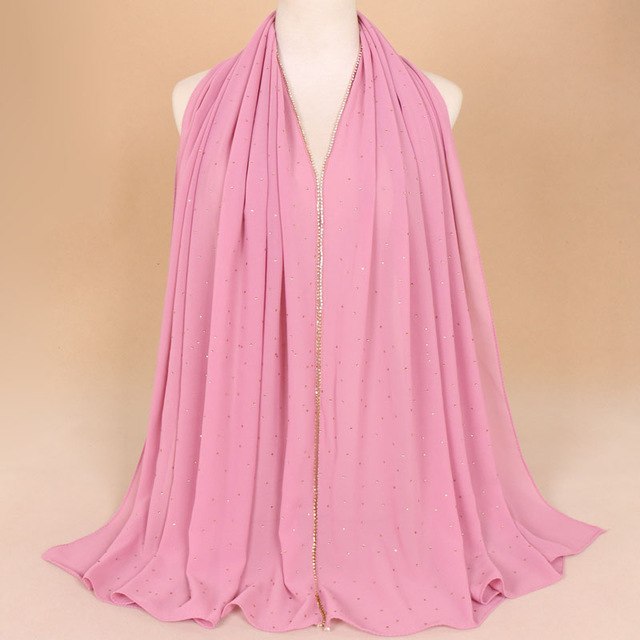 Muslim Women Crinkle Hijab Shawl Scarves Sunscreen Chain Rhinestone Pearl Chiffon Plain Foulard Wrap Cover Head Neck Beach Scarf