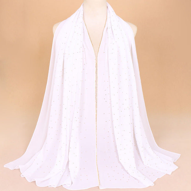 Muslim Women Crinkle Hijab Shawl Scarves Sunscreen Chain Rhinestone Pearl Chiffon Plain Foulard Wrap Cover Head Neck Beach Scarf