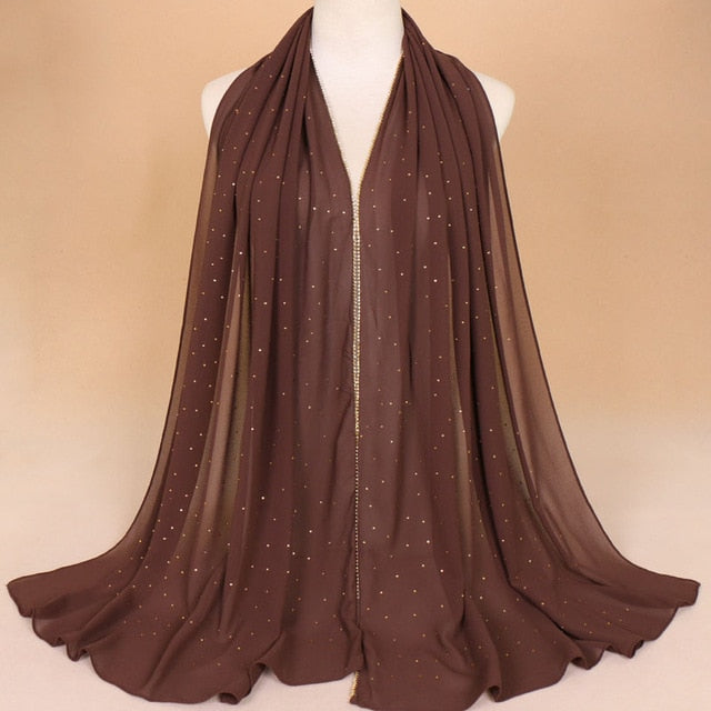 Muslim Women Crinkle Hijab Shawl Scarves Sunscreen Chain Rhinestone Pearl Chiffon Plain Foulard Wrap Cover Head Neck Beach Scarf