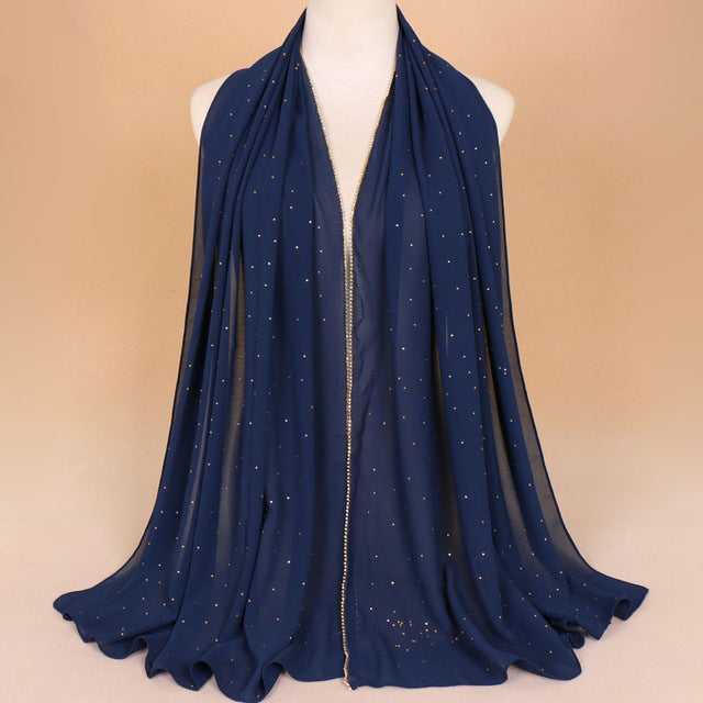 Muslim Women Crinkle Hijab Shawl Scarves Sunscreen Chain Rhinestone Pearl Chiffon Plain Foulard Wrap Cover Head Neck Beach Scarf