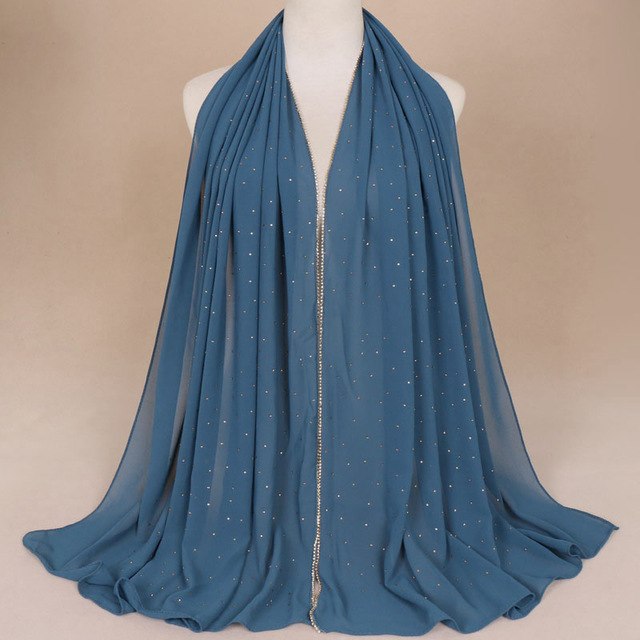 Muslim Women Crinkle Hijab Shawl Scarves Sunscreen Chain Rhinestone Pearl Chiffon Plain Foulard Wrap Cover Head Neck Beach Scarf