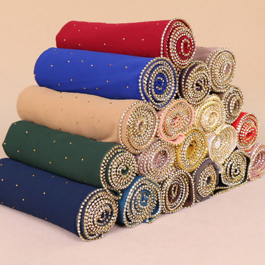 Muslim Women Crinkle Hijab Shawl Scarves Sunscreen Chain Rhinestone Pearl Chiffon Plain Foulard Wrap Cover Head Neck Beach Scarf