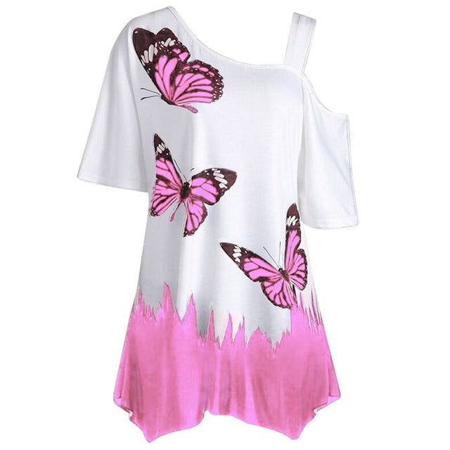 NIBESSER T shirt Women Summer Short Slit Sleeve Irregular Top Tee Casual Butterfly Print Loose T-shirt Plus Size Female Tshirt