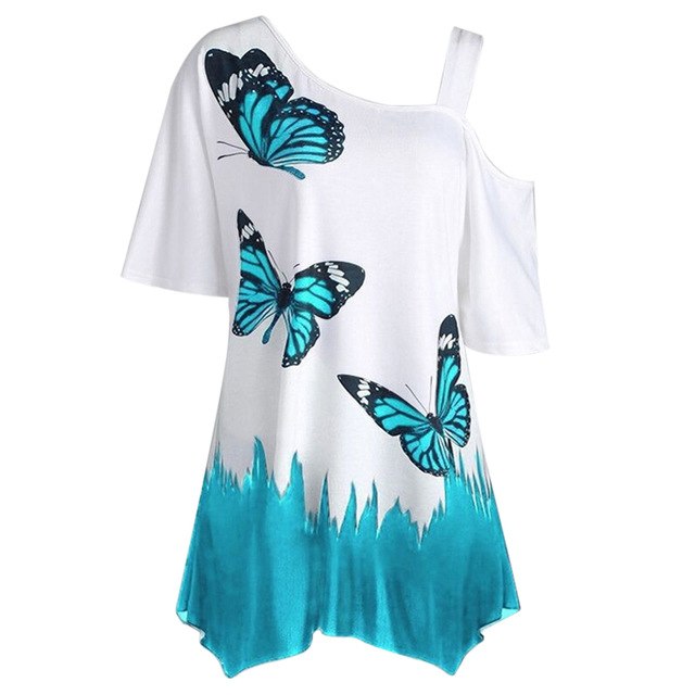 NIBESSER T shirt Women Summer Short Slit Sleeve Irregular Top Tee Casual Butterfly Print Loose T-shirt Plus Size Female Tshirt