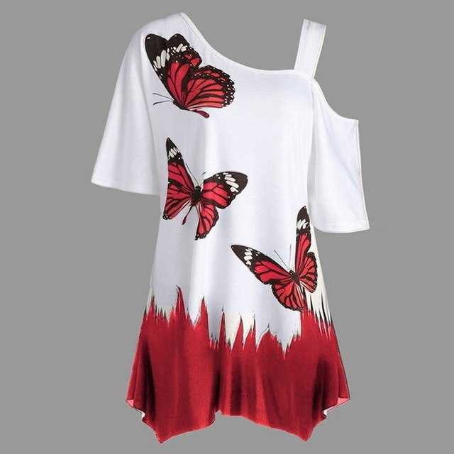 NIBESSER T shirt Women Summer Short Slit Sleeve Irregular Top Tee Casual Butterfly Print Loose T-shirt Plus Size Female Tshirt