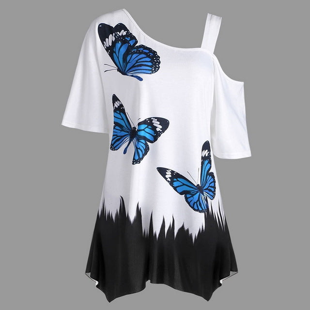 NIBESSER T shirt Women Summer Short Slit Sleeve Irregular Top Tee Casual Butterfly Print Loose T-shirt Plus Size Female Tshirt