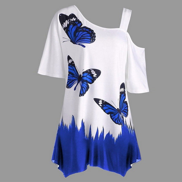 NIBESSER T shirt Women Summer Short Slit Sleeve Irregular Top Tee Casual Butterfly Print Loose T-shirt Plus Size Female Tshirt