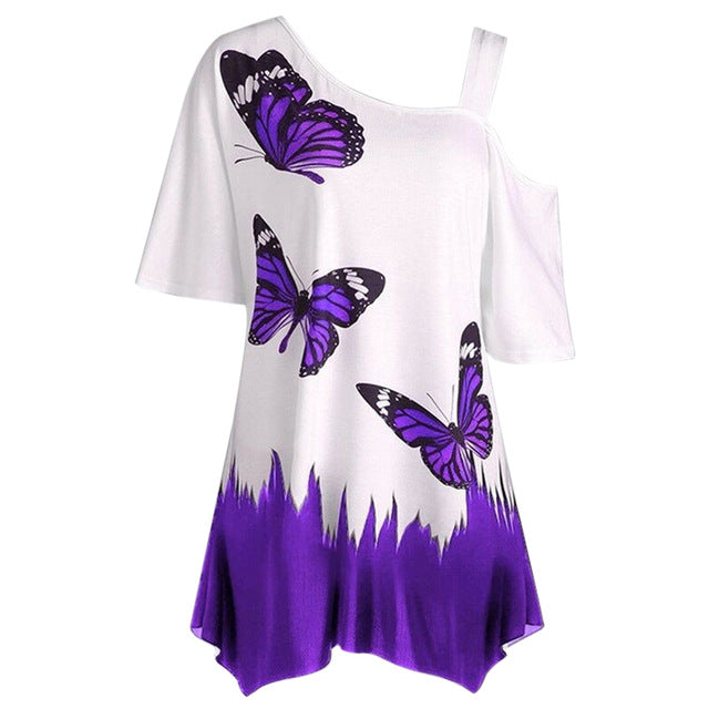 NIBESSER T shirt Women Summer Short Slit Sleeve Irregular Top Tee Casual Butterfly Print Loose T-shirt Plus Size Female Tshirt