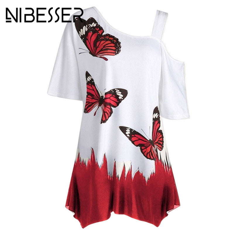 NIBESSER T shirt Women Summer Short Slit Sleeve Irregular Top Tee Casual Butterfly Print Loose T-shirt Plus Size Female Tshirt