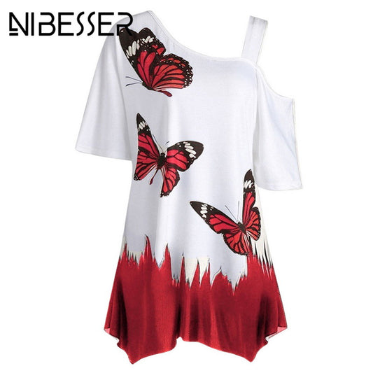 NIBESSER T shirt Women Summer Short Slit Sleeve Irregular Top Tee Casual Butterfly Print Loose T-shirt Plus Size Female Tshirt
