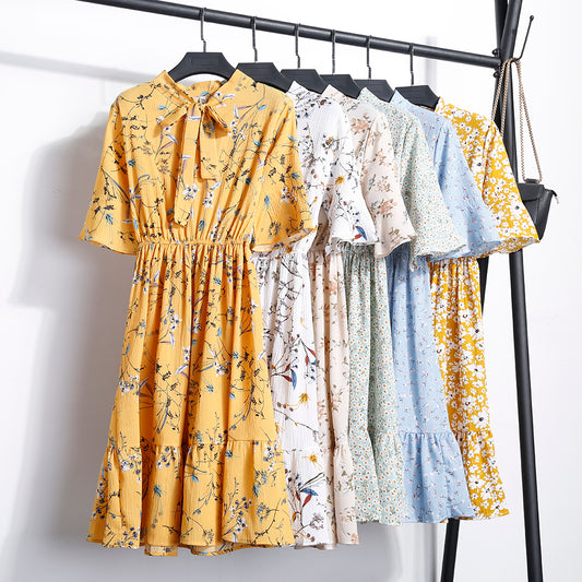 NIJIUDING 2018 New Dress Summer Women Short Sleeve Office Lady Flower Print Bow Flare Sleeve Dress Chiffon Casual V-neck Dresses
