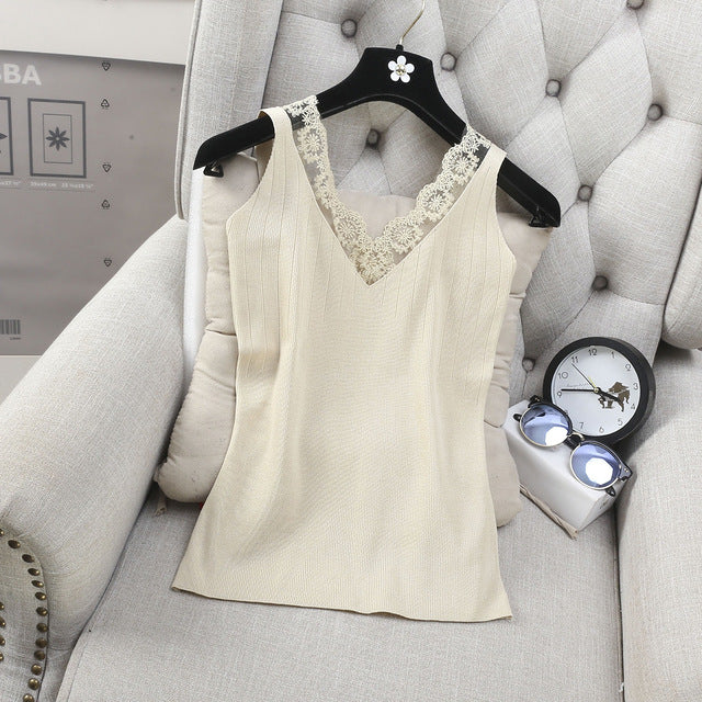 New Arrivals Summer Women Fashion High Elasticity Sexy Slim Knitted Lacework V-neck Tank Vest Ladies Casual Holiday Base Shirt