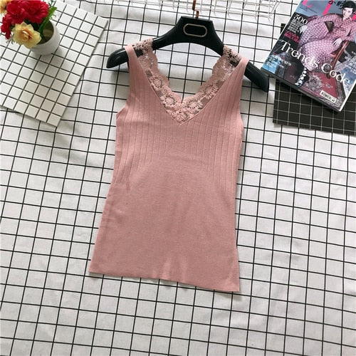 New Arrivals Summer Women Fashion High Elasticity Sexy Slim Knitted Lacework V-neck Tank Vest Ladies Casual Holiday Base Shirt