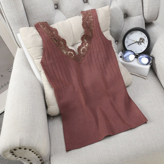 New Arrivals Summer Women Fashion High Elasticity Sexy Slim Knitted Lacework V-neck Tank Vest Ladies Casual Holiday Base Shirt