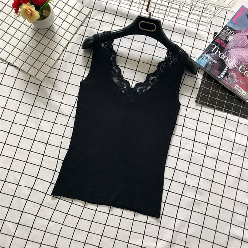 New Arrivals Summer Women Fashion High Elasticity Sexy Slim Knitted Lacework V-neck Tank Vest Ladies Casual Holiday Base Shirt